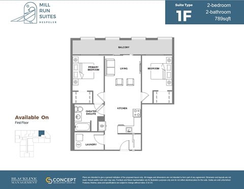 Floor plan for 2 beds, 2 baths, 789 sqft